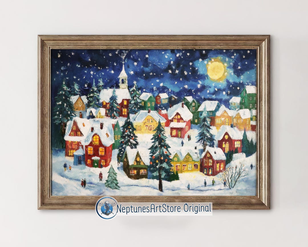 Christmas Town Folk Art Painting, Snowy Nordic Winter Village Wall ...