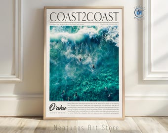 Arte aéreo de surf de Oahu, Hawái / Impresión de olas turquesas / Decoración de pared costera tropical / Fotografía de playa surfista / Póster de viaje a la isla