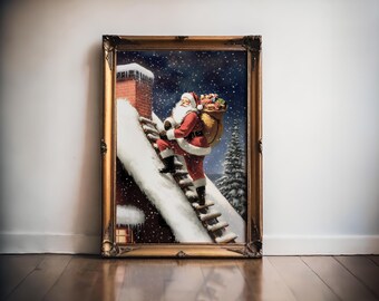 Santas Last Round: Vintage Santa Claus Painting, Printable Winter Wonderland Poster, Christmas Home Decor Winter Artwork, Seasonal Wall Art