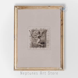 Antique Cupid Angel Stamp Art Print, Valentines Day Printable Wall Art, Romantic Home Decor Cherub Painting, Valentine Cupid Art Poster