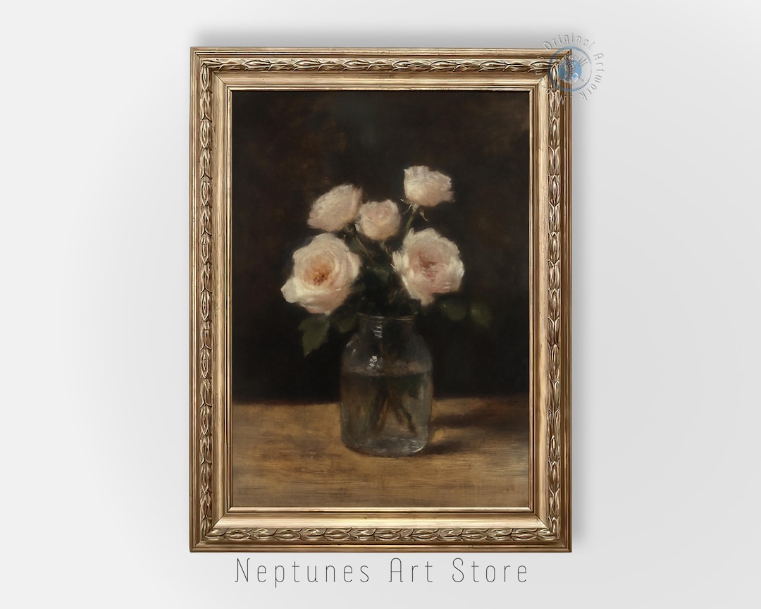 Vintage Pink Rose Still Life Painting, Dark Moody Flower Print, Antique ...