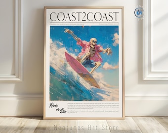 Skeleton Surfer Digital Art | Retro Surf Culture Download | Coastal Wave Rider Print | Pink Shirt Surf Poster | Beach Skull Wall Decor