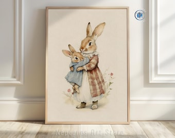 Mother And Baby Bunny Nursery Wall Art Print | Vintage Rabbit Hug Illustration | Country Farmhouse Kids Room Storybook Watercolor Decor