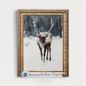 Impresión de renos de invierno con empasto, arte de pared de ciervos de granja rústica, arte de renos imprimible de Navidad, decoración de pared navideña acogedora, descarga digital