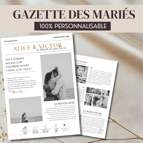 Gazette des mariés : Journal de mariage en français à personnaliser et imprimer facilement. Cadeau des invités pour une animation mariage
