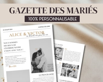 Gazette des mariés : Journal de mariage en français à personnaliser et imprimer facilement. Cadeau des invités pour une animation mariage