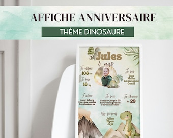 Affiche anniversaire garçon thème dinosaure : Poster enfant personnalisé pour encadrer en décoration de chambre ou de fête