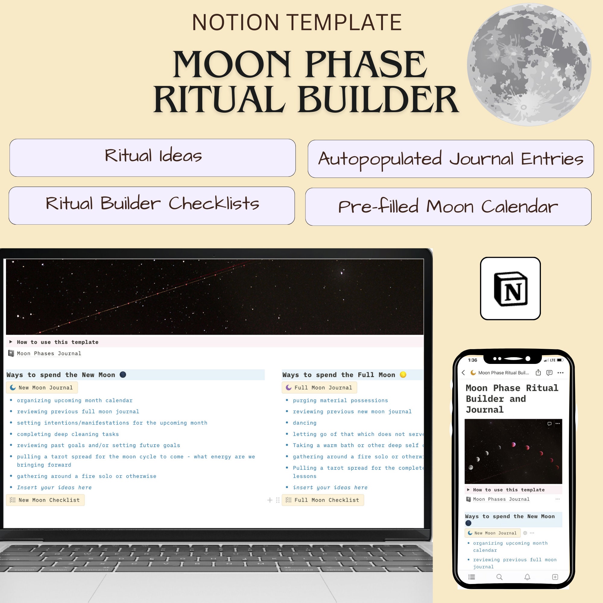 Notion Template Moon Phase Ritual Builder, Journal