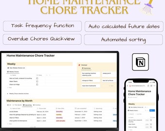 Notion Template Home Maintenance Chore Tracker | Notion Planner | Digital Chore Checklist | Homeowner Task Tracker | Aesthetic Template