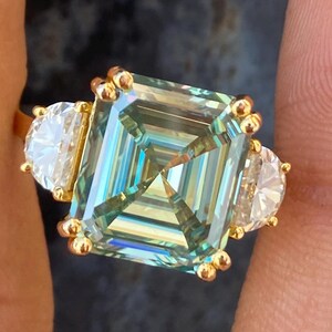Green Sapphire Asscher Engagement Ring for Women, Moissanite Three Stone Wedding Ring, Unique Vintage Promise Anniversary Gift Ring for Her