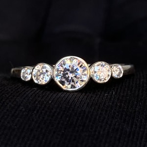 Five Stone Round Cut Engagement Ring, Moissanite Diamond Bezel Set Ring, Wedding Bridal Ring, Minimalist Band, Anniversary Gift for Women