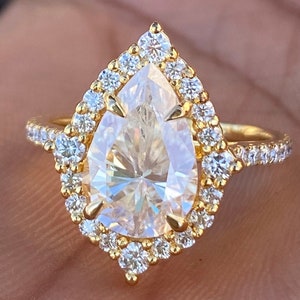 Hidden Halo Diamond Wedding Ring-Pear Cut Moissanite Engagement Ring-Art Deco Birthday Gift Ring For Women-Solid Gold Proposal Diamond Ring