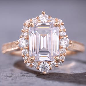 Vintage Emerald Cut Moissanite Engagement Ring, 14K Rose Gold Unique Bridal Wedding Diamond Ring, Classic Halo Anniversary Gift Ring For Her