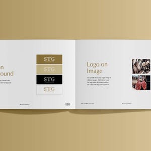 May include: Open book with the text "Logo on Background" and "Logo on Image". The "STG" logo is displayed in various color combinations. Examples of logo placement on images are shown, including food and people.