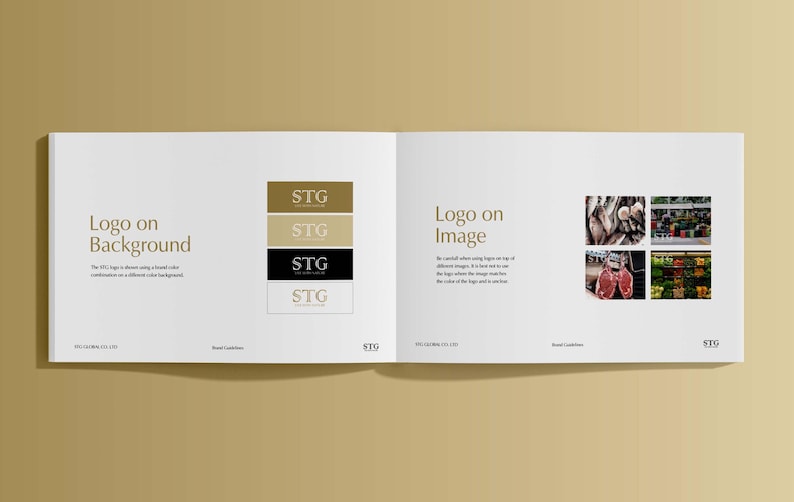 May include: Open book with the text "Logo on Background" and "Logo on Image". The "STG" logo is displayed in various color combinations. Examples of logo placement on images are shown, including food and people.