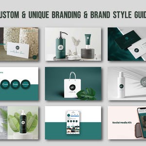 May include: A collection of branding and style guide mockups. The image includes business cards, product packaging, shopping bags, and social media templates. The color palette is teal and white, with the text "CUSTOM & UNIQUE BRANDING & BRAND STYLE GUIDE".