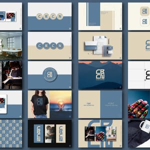 May include: A collection of design mockups featuring the letters "CBN" in various styles and applications. The designs include logos, stationery, a t-shirt, and a sign, all in a blue and beige color scheme.