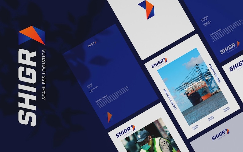 May include: A corporate branding presentation featuring the SHIGR logo and the words "Seamless Logistics." The design incorporates a navy blue and orange color scheme, with images of cargo ships and workers. The layout includes various documents and promotional materials.