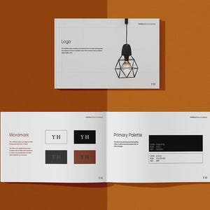 May include: A design presentation on a burnt orange background. The top page shows a black geometric pendant light. The bottom page is open, displaying a wordmark and primary palette with the letters "YH".
