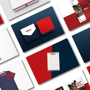 May include: A collection of branded corporate stationery and promotional items in red, white, and navy blue. Items include a polo shirt, notepad, business cards, an annual report, and an ID badge. The "tailleur" logo is visible on several items.