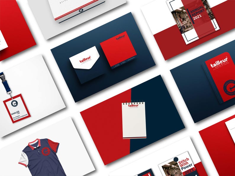 May include: A collection of branded corporate stationery and promotional items in red, white, and navy blue. Items include a polo shirt, notepad, business cards, an annual report, and an ID badge. The "tailleur" logo is visible on several items.