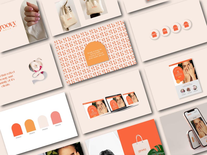 May include: A collection of marketing materials for "Groovy Nails" featuring a logo, color palette, and product mockups. The color scheme includes shades of orange and peach. The designs are displayed on various surfaces.