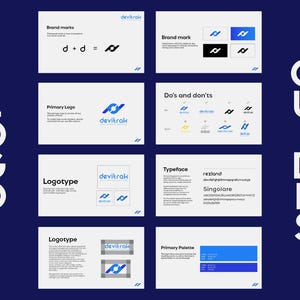 May include: A graphic design guide with the word "LOGO" vertically on the left and "GUIDES" vertically on the right. The guide includes brand marks, primary logo, logotype, typeface, and primary palette information. The color scheme is primarily blue and white.