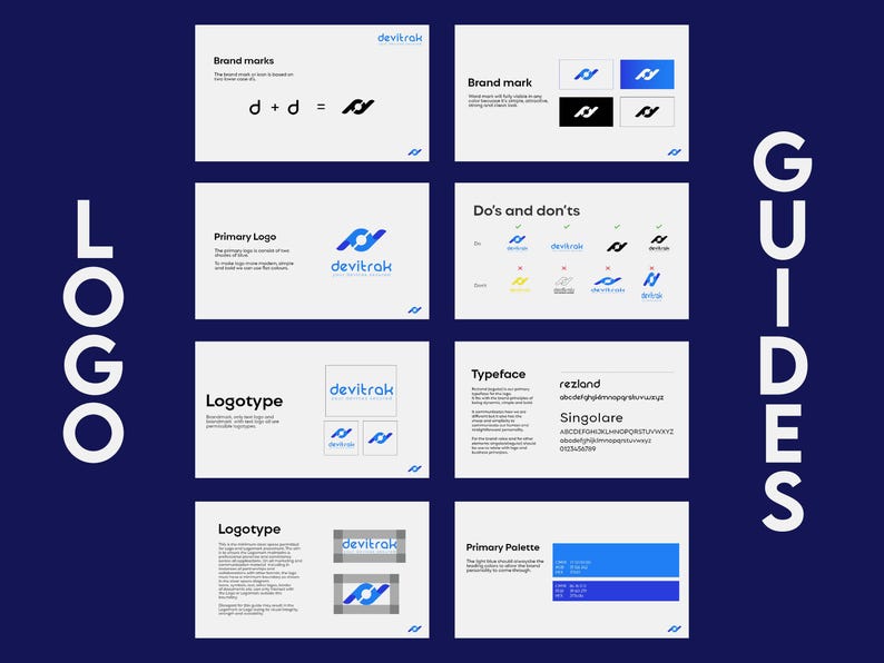 May include: A graphic design guide with the word "LOGO" vertically on the left and "GUIDES" vertically on the right. The guide includes brand marks, primary logo, logotype, typeface, and primary palette information. The color scheme is primarily blue and white.
