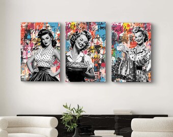 Vintage Retro Graffiti Feminine Woman Print, Urban Chic Statement Art, Graffiti Street Art Decor Collage Print