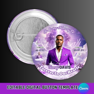 May include: A purple and white memorial button featuring a photograph of a man in a purple suit. The text reads "In Loving Memory Of" and "Forever In Our Hearts". The dates "06-23-91" and "09-01-23" are also included.