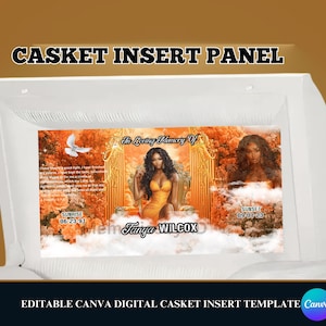 May include: A white casket insert panel with a floral design and a photo of a woman. The text "In Loving Memory Of" is at the top of the panel, and the text "Tanya Wilcox" is at the bottom. The dates "Sunrise 06-23-91" and "Sunset 09-01-23" are also included.
