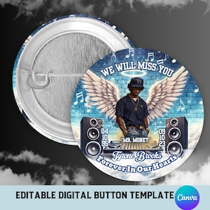 DJ Memorial Button Template, Editable Canva Memorial Template,  Digital Funeral Button Design Template, Editable Memorial Button