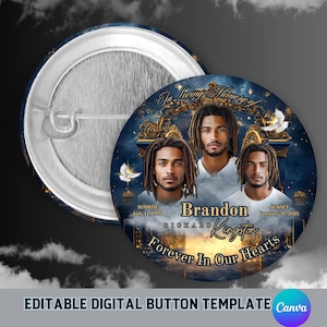 Puede incluir: Una plantilla de botón azul y dorado con una foto de tres hombres y el texto "In Loving Memory", "Brandon Richard Kingston", "Sunrise July 11, 1992", "Sunset January 31, 2025", y "Forever In Our Hearts".