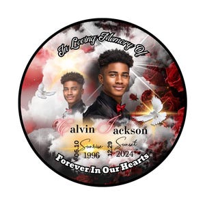 May include: A black and white memorial image with a red and white background. The image features two young men with the text "In Loving Memory of alvin jackson Sunrise 06.10.1996 Sunset 12.29.2024 Forever In Our Hearts".