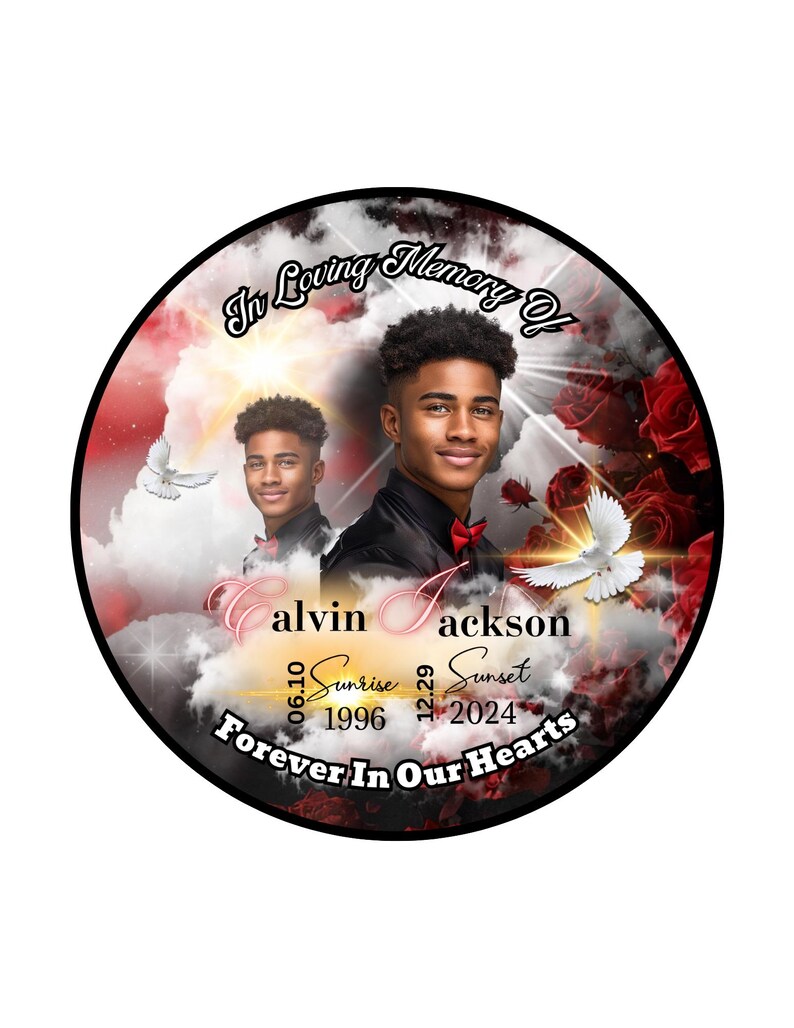 May include: A black and white memorial image with a red and white background. The image features two young men with the text "In Loving Memory of alvin jackson Sunrise 06.10.1996 Sunset 12.29.2024 Forever In Our Hearts".