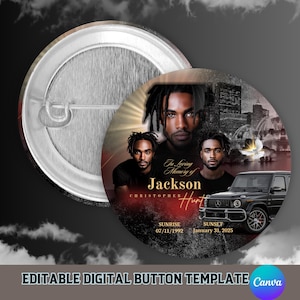 Red Cityscape Memorial Button Template, Editable Canva Memorial Template,  Digital Funeral Button Design Template, Editable Memorial Button,