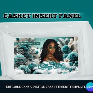 Memorial Casket Panel Template, Digital Casket Panel Design Template, Canva RIP Casket Panel Insert, Teal Rose Casket Insert