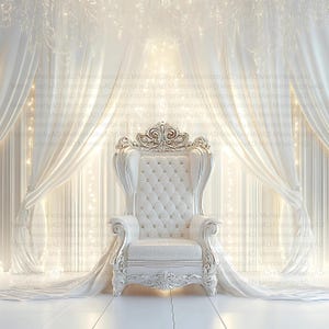 Elegant White Throne Chair Memorial Background, Draped Curtain & Light Scene, Digital Obituary or Celebration of Life Backdrop