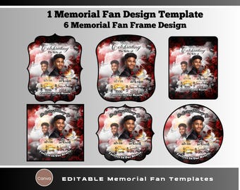 May include: Six printable memorial fan templates with a red, white, and blue color scheme. Each template features a photo of a person with the text "Celebrating the Life of" and "Forever in Our Hearts".