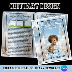 May include: Editable digital obituary template with a photo of a young boy holding a teddy bear. The template features a blue sky background with white clouds and gold gates. The text "Celebrating in Loving Memory" is at the top of the template. The text "Gone from sight, yet not from the heart. In the gallery of thoughts, you're a work of art." is at the bottom of the template.