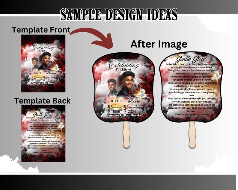 May include: A red, white and black hand fan with a photo of a man and text that reads "Celebrating The Life of Alvin Jackson 1996 - 2024 Forever In Our Hearts". The back of the fan has a poem titled "Gentle Glow" with a red, white and black background.