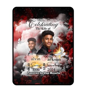May include: A memorial image with a red, white and black colour scheme. The image features two photos of a young man, a dove, and red roses. The text reads "Celebrating The Life of alvin jackson 06.10 Sunrise 1996 12.29 Sunset 2024 Forever In Our Hearts".