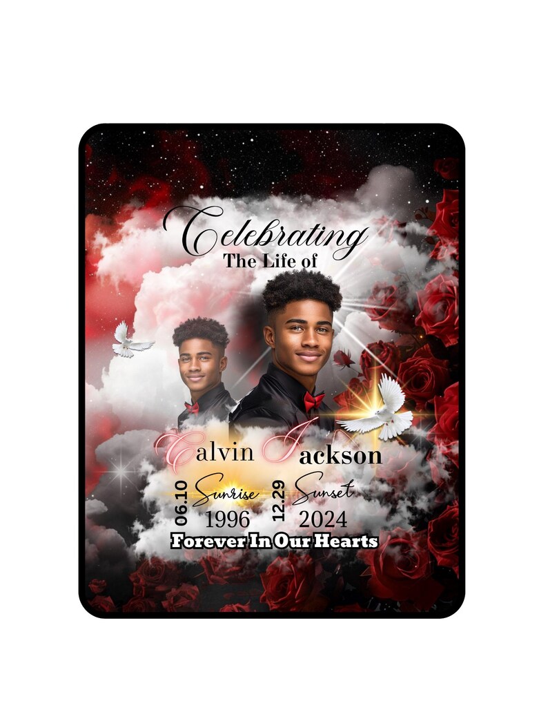 May include: A memorial image with a red, white and black colour scheme. The image features two photos of a young man, a dove, and red roses. The text reads "Celebrating The Life of alvin jackson 06.10 Sunrise 1996 12.29 Sunset 2024 Forever In Our Hearts".