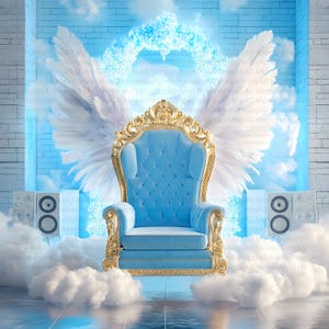 Heavenly Baby Blue Throne Memorial Background, Angel Wings & Gold Chair Scene, Digital Cloud Backdrop for Obituary or Celebration of Life