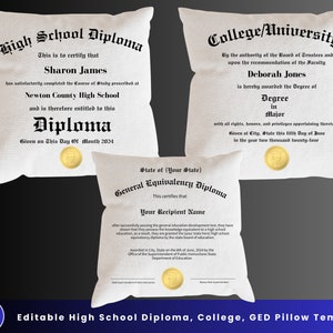 Paquete de plantillas de almohadas de graduación editables para escuela secundaria, universidad, GED, Canva editable, plantilla de diploma de graduación