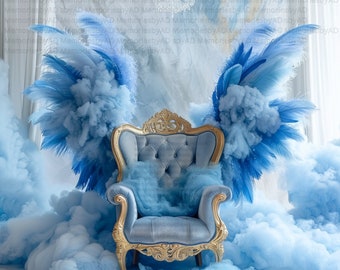 Blue Angel Wings Memorial Chair, Blue, White Angel Wing Background, Memorial PNG, Rest in Peace Template, RIP, Memorial, Baby Shower