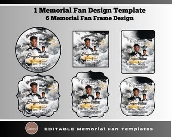 May include: Six editable memorial fan templates with a black and white design featuring a photo of a person with the text "Celebrating the Life of" and "Forever in Our Hearts".