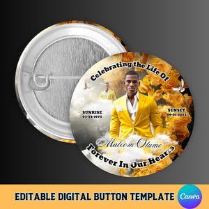 編集可能なCanvaの黄色いバラのメモリアルテンプレート、デジタル葬儀ボタンデザインテンプレート、編集可能なメモリアルボタン、メモリアルボタンテンプレート