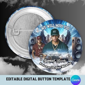 DJ Memorial Button Template, Editable Canva Memorial Template,  Digital Funeral Button Design Template, Editable Memorial Button
