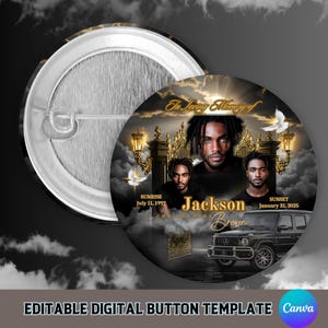 Black and Gold Memorial Button Template, Editable Canva Memorial Template,  Digital Funeral Button Design Template, Editable Memorial Button